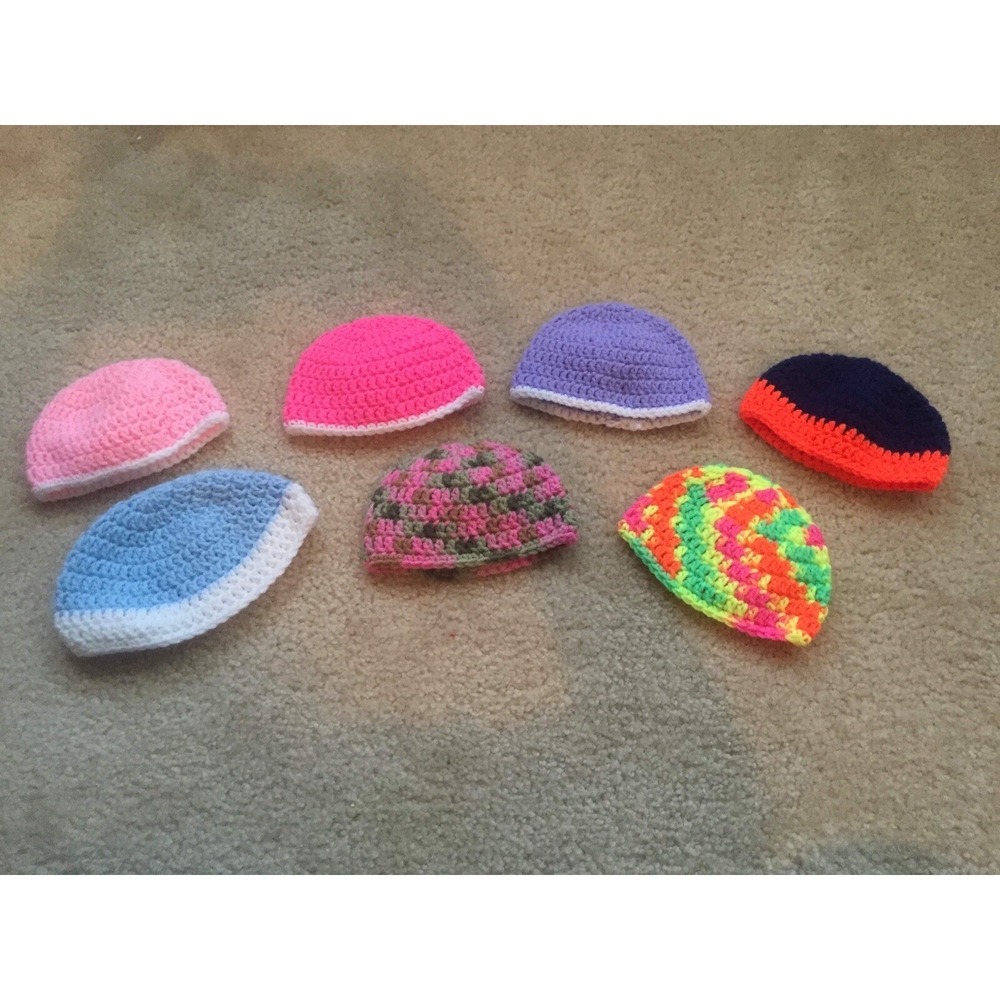 Handmade Crochet Baby Bonnet Lot of 7 Newborn Infant Beanie Hats Multi Color